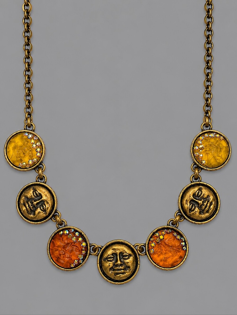 KIRK'S FOLLY Moon Goddess Antique Brass Burnt Orange & Yellow Necklace